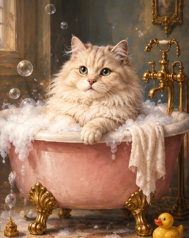 Whimsical cat in a bubble bath portrait