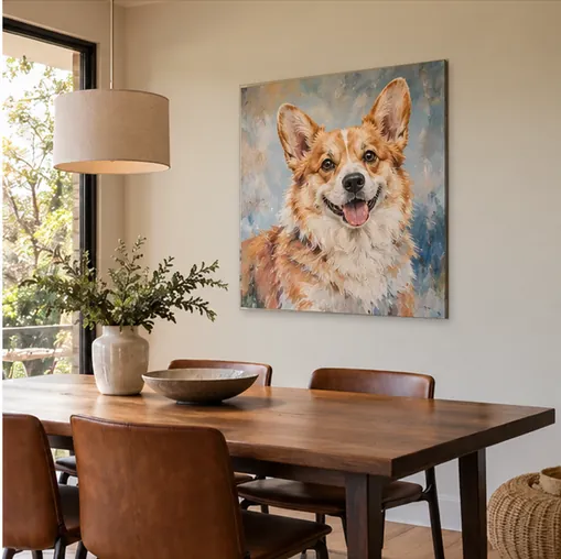Large canvas-style corgi artwork in a sunny dining room
