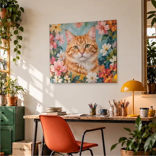 Colourful floral cat artwork displayed in a bright creative studio