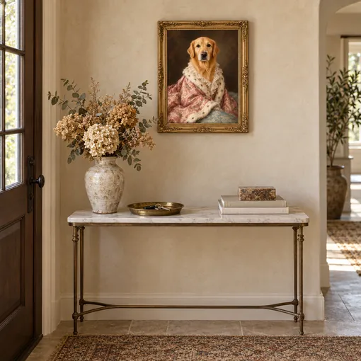 Rococo Darling style dog portrait in an ornate gold frame above a marble console table