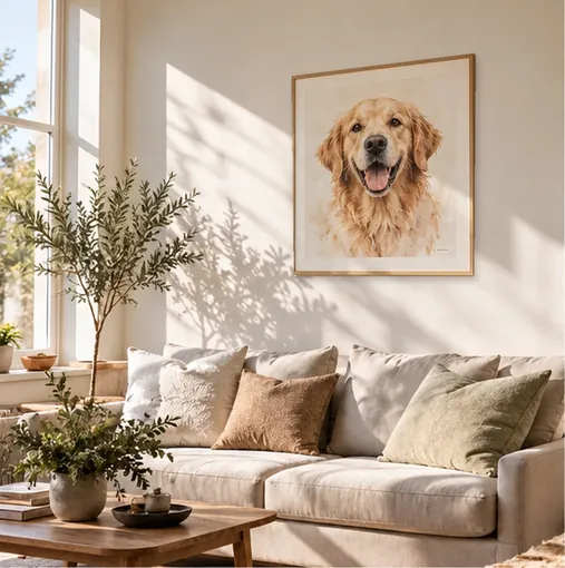 Watercolour dog portrait in a timber frame hanging above a light sofa