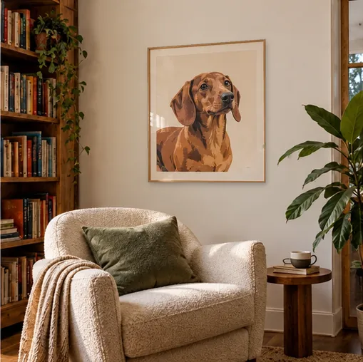 Modern illustrated dog print in a light wooden frame above an armchair